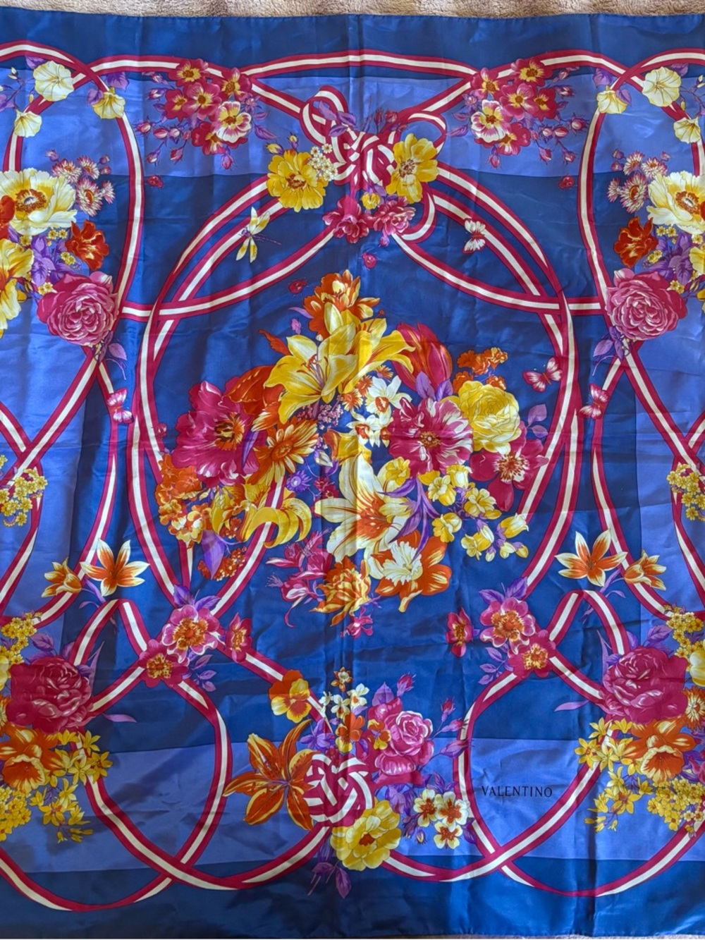 Valentino Purple-Blue Floral Silk Scarf with Pink Ribbon